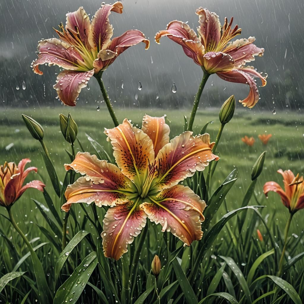 Peruvian Lilies in Rainy Field: Detailed Rendered Image