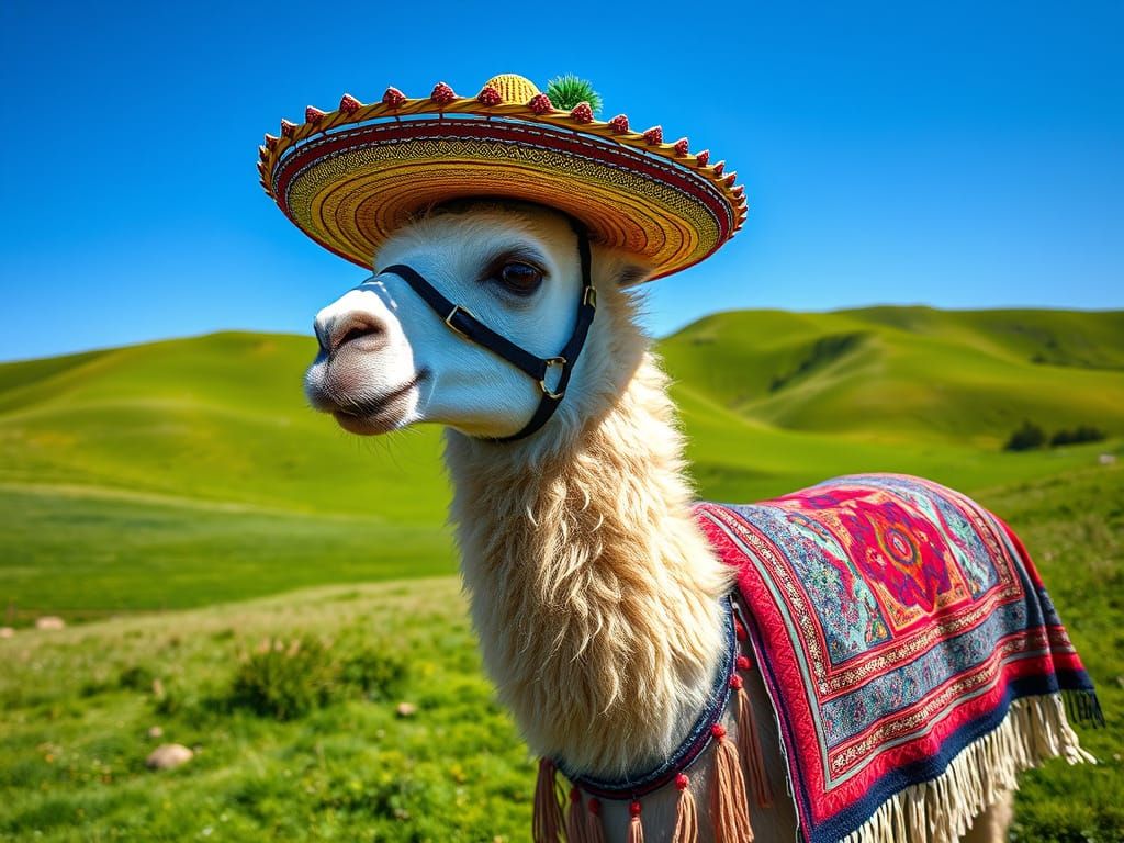 Llama in Sombrero Stands Proudly in Meadow
