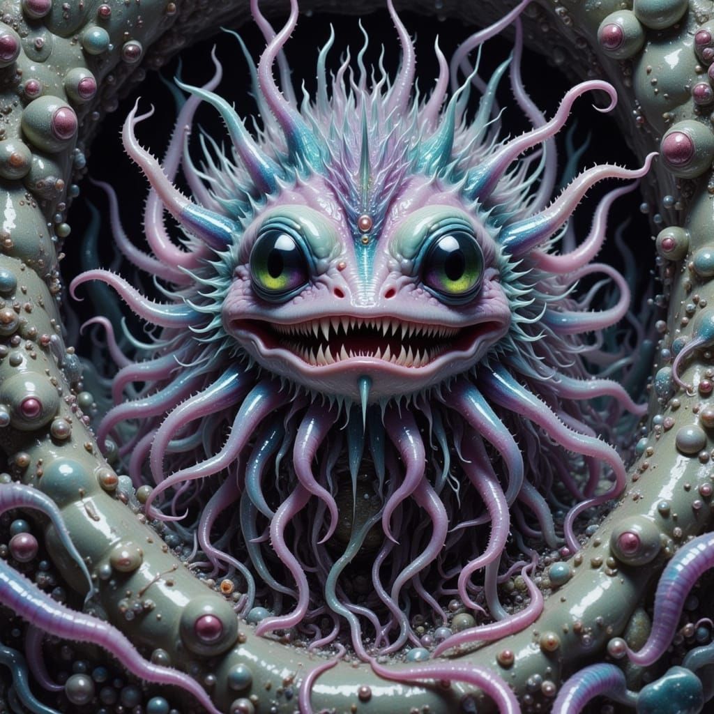 Creepy-Cute Creature with Neon Stripes in Rock Fissure