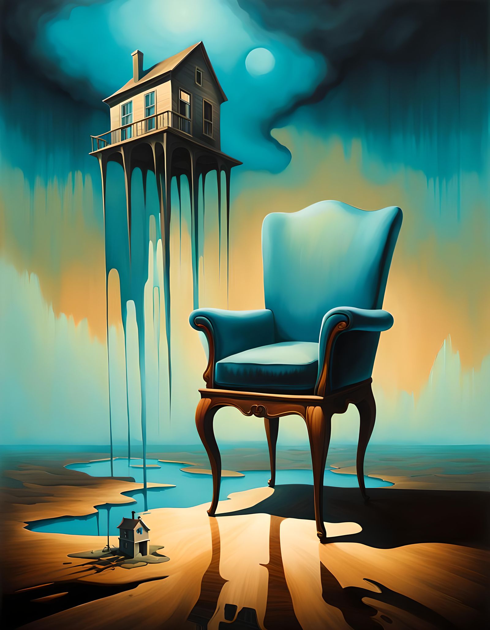 Surreal Chair Made of Houses in Oil on Canvas