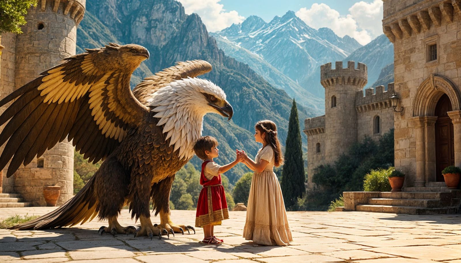 Boy and Girl Hugging a Griffin in Castle Courtyard