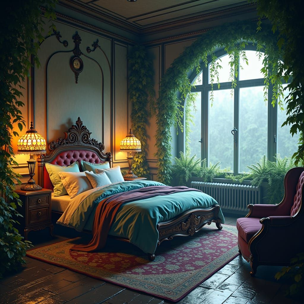 Enchanted Bedroom in Rainy Weather, Fantasy Matte Painting