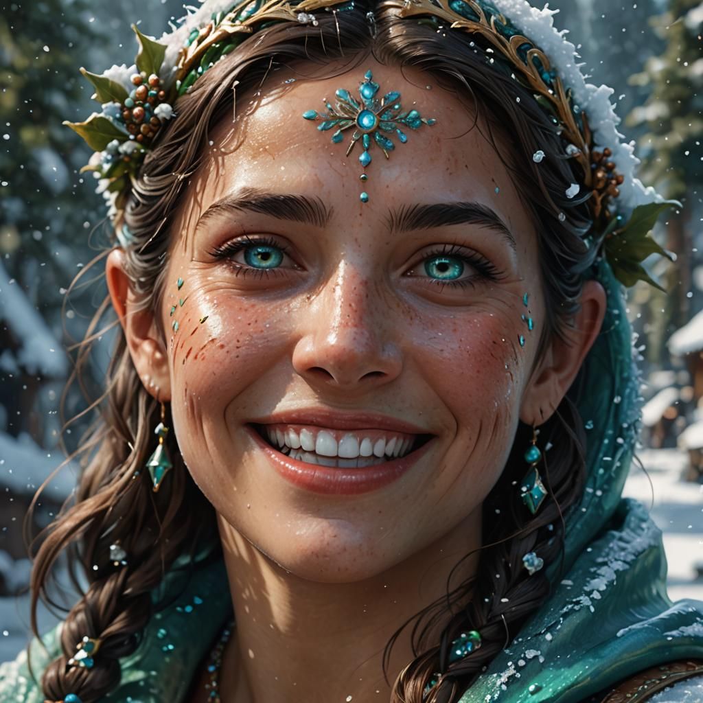 Snow Elf Woman Smiling in Hot Springs