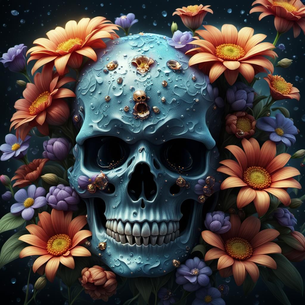 Dew-Kissed Skull Surrounded by Flowers: Detailed Matte Paint...