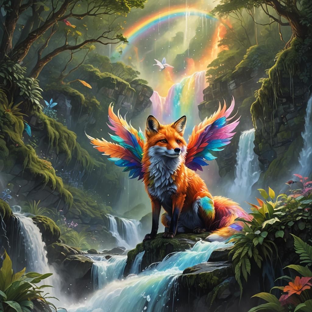 Rainbow Fox Flies Over Waterfall: Fantasy Art
