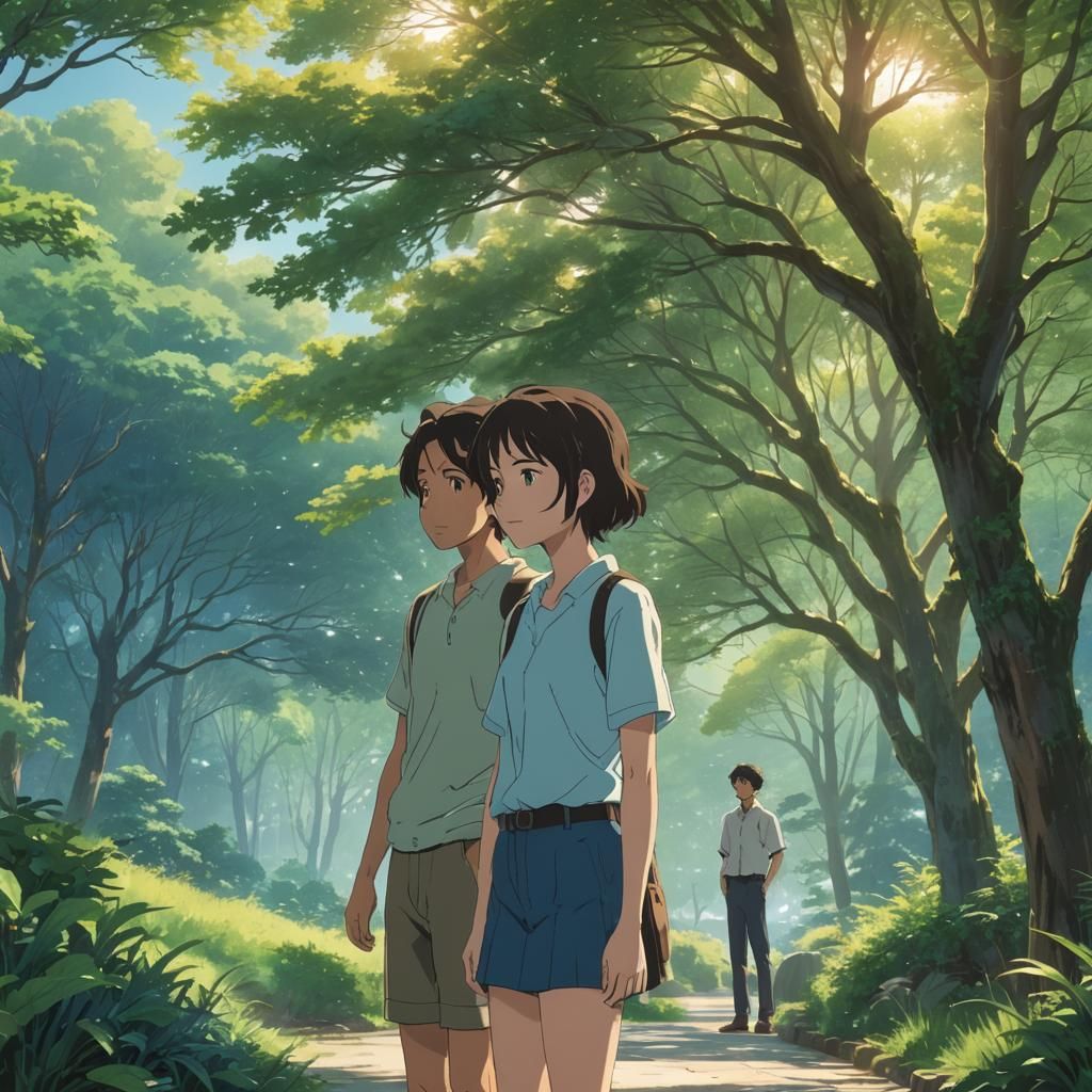 Anime Key Visual: Woman and Man in Serene Setting