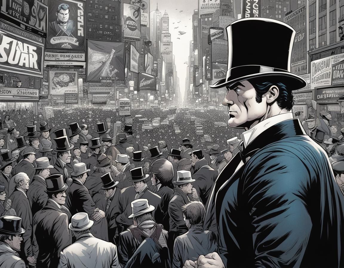Superman with white muttonchop sideburns wearing a top hat in Times Square Mark Brooks and Dan Mumford, comic book art, ...