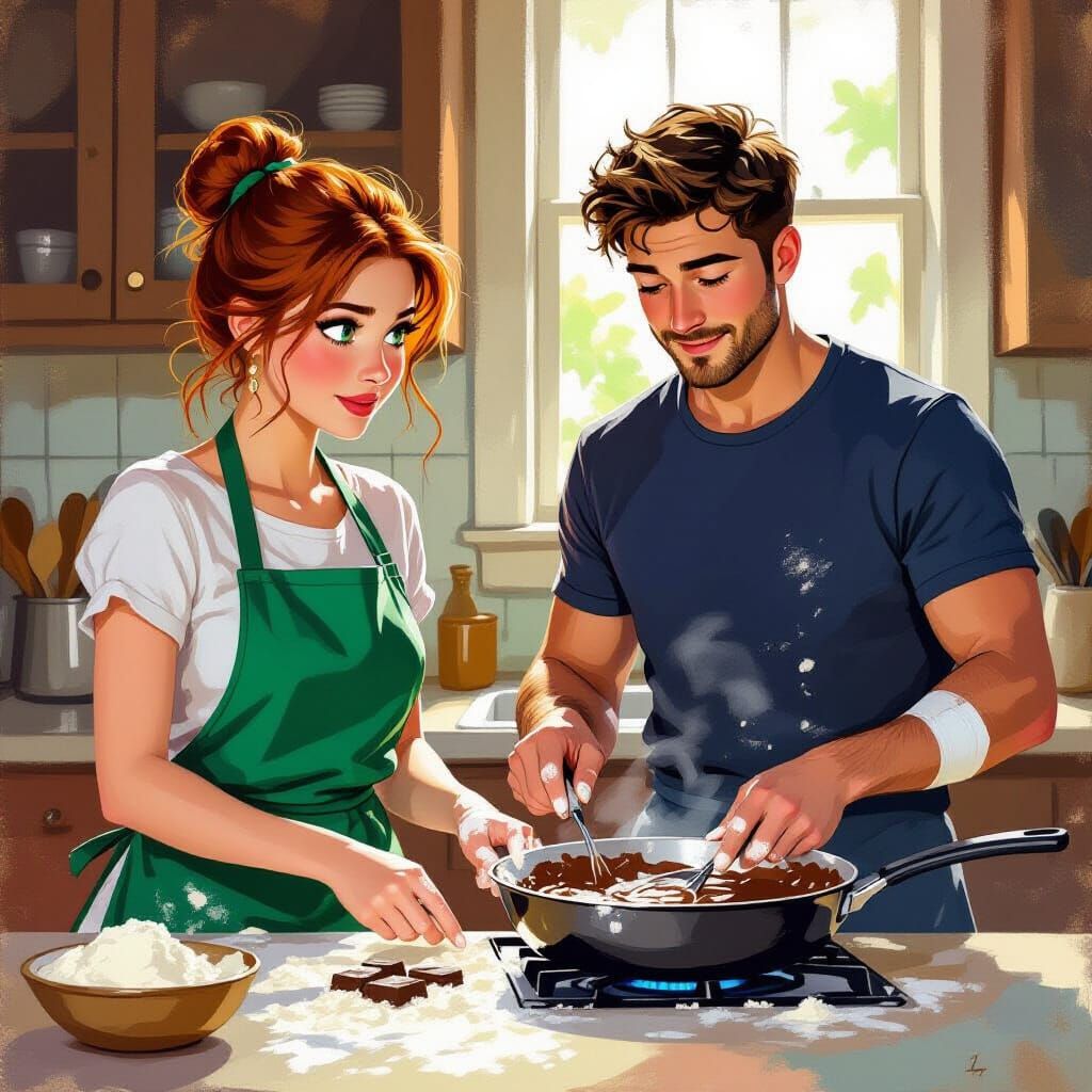 Flustered Baker in Kitchen, Oil Painting Style
