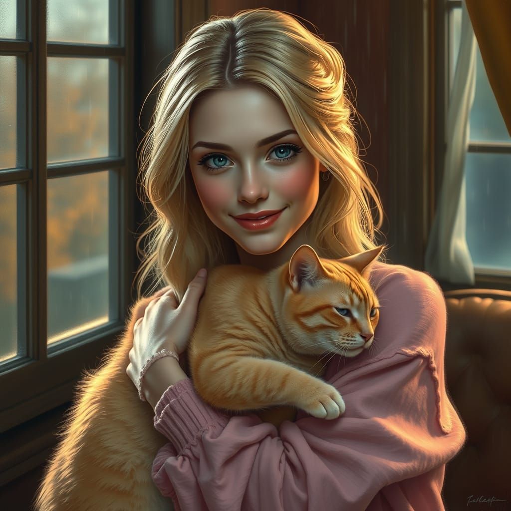 Serene Blonde Woman Hugs Contented Peach Cat in Cozy Room