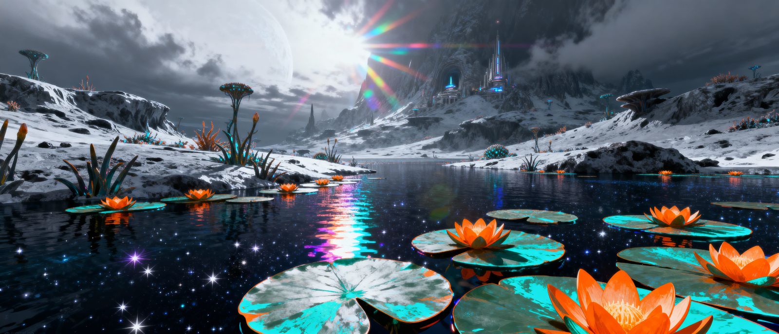 Epic Alien Planet Landscape with Bioluminescent Flora