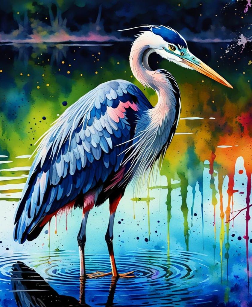 Elegant Blue Heron Portrait in Ink Splatter Style