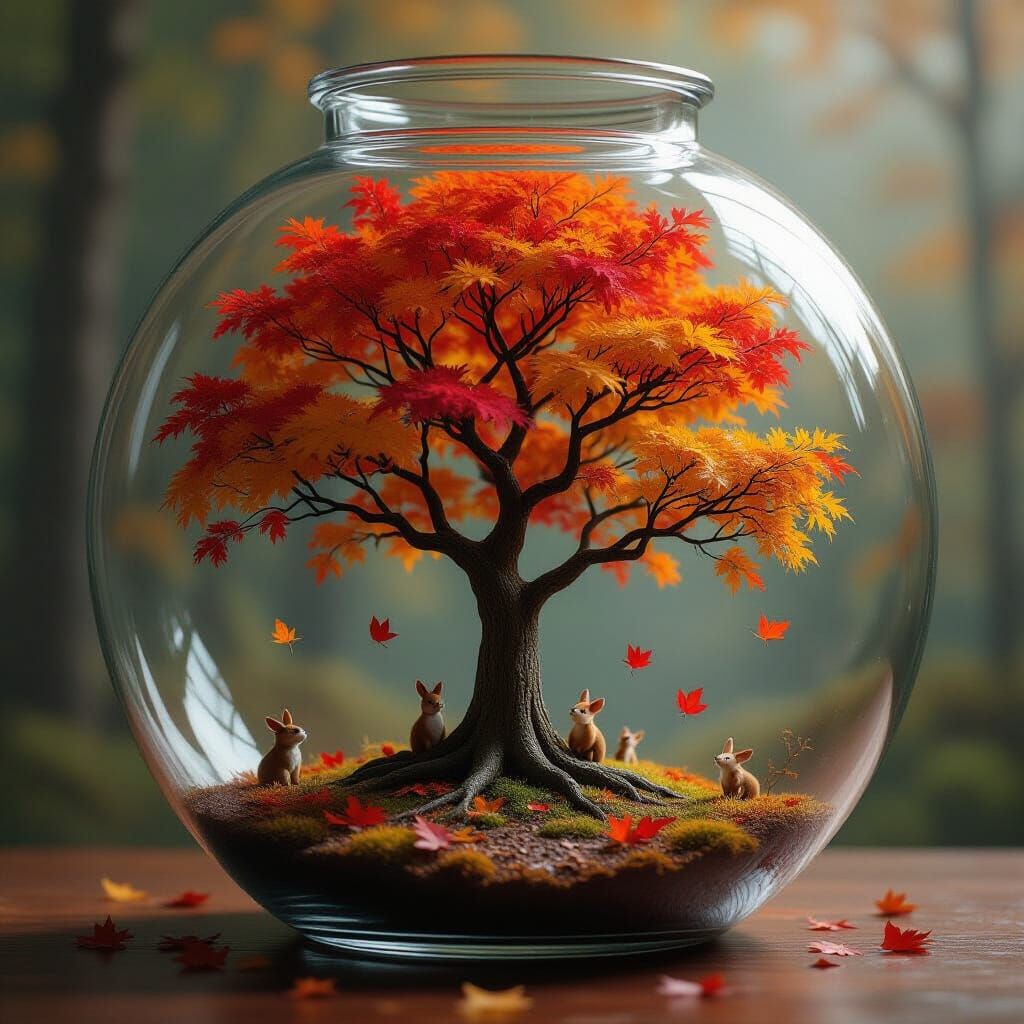 Majestic Autumn Tree in Antique Terrarium Digital Painting