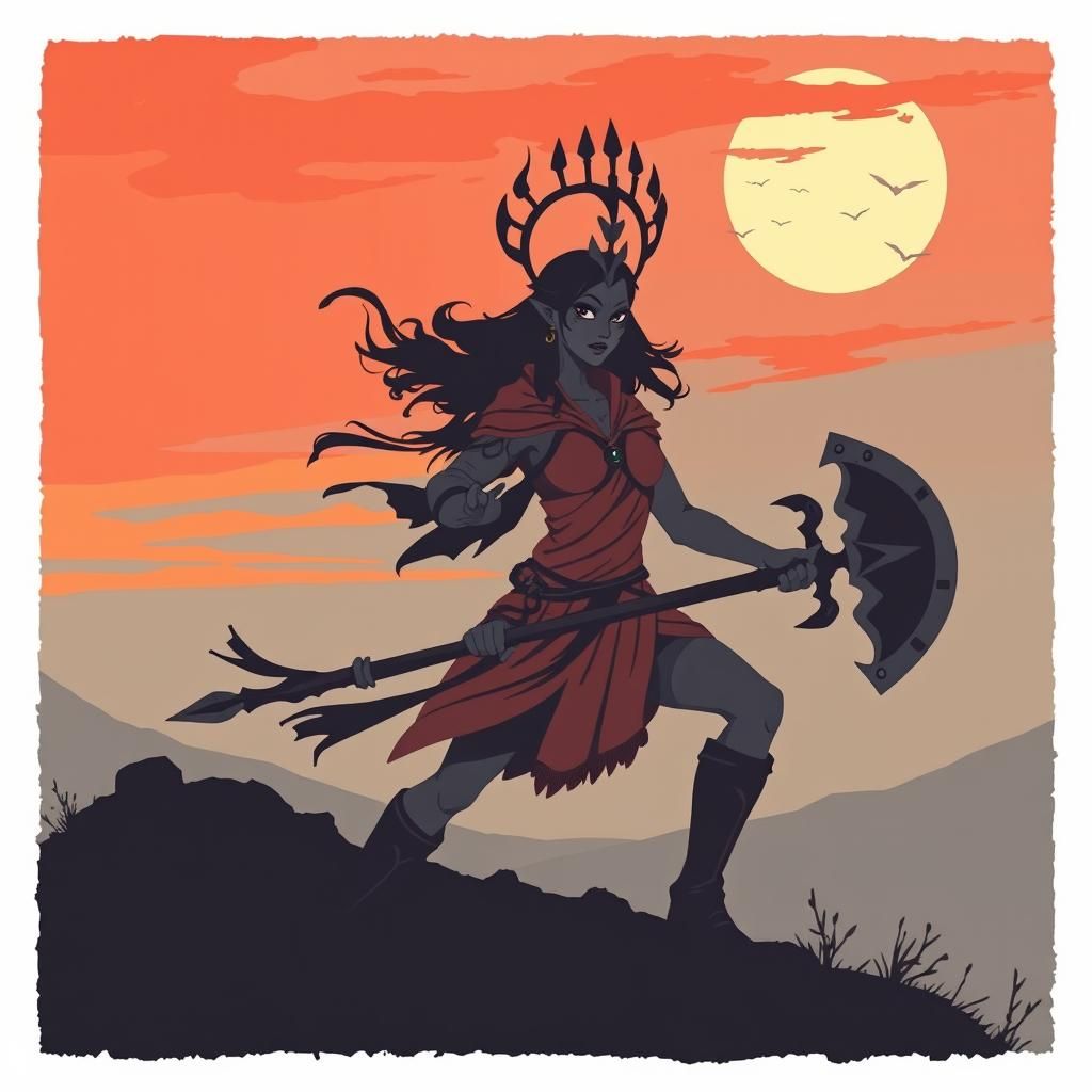 Warrior Princess in Minimalist Sunset Illustration