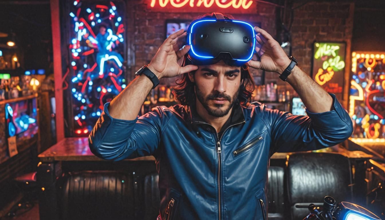 Italian Biker with VR Glasses in Neon Night