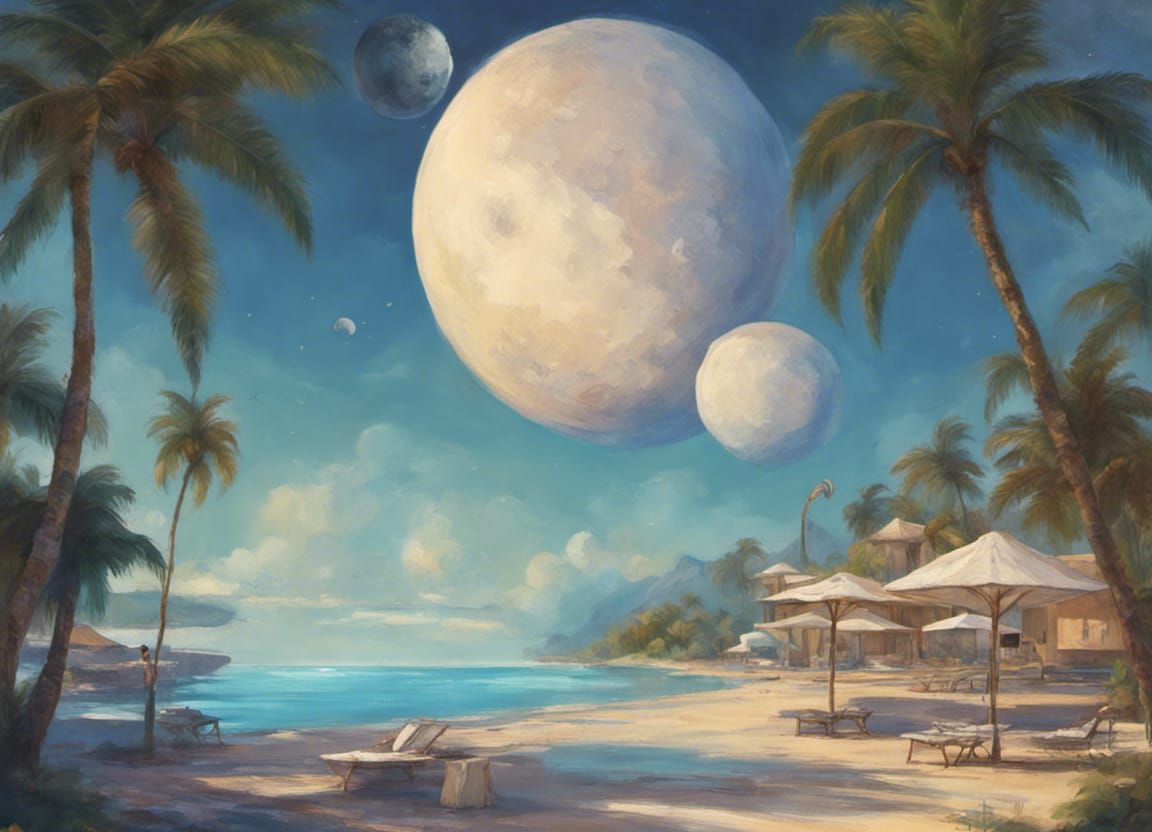Tropical Resort on Neptune with Visible Moons