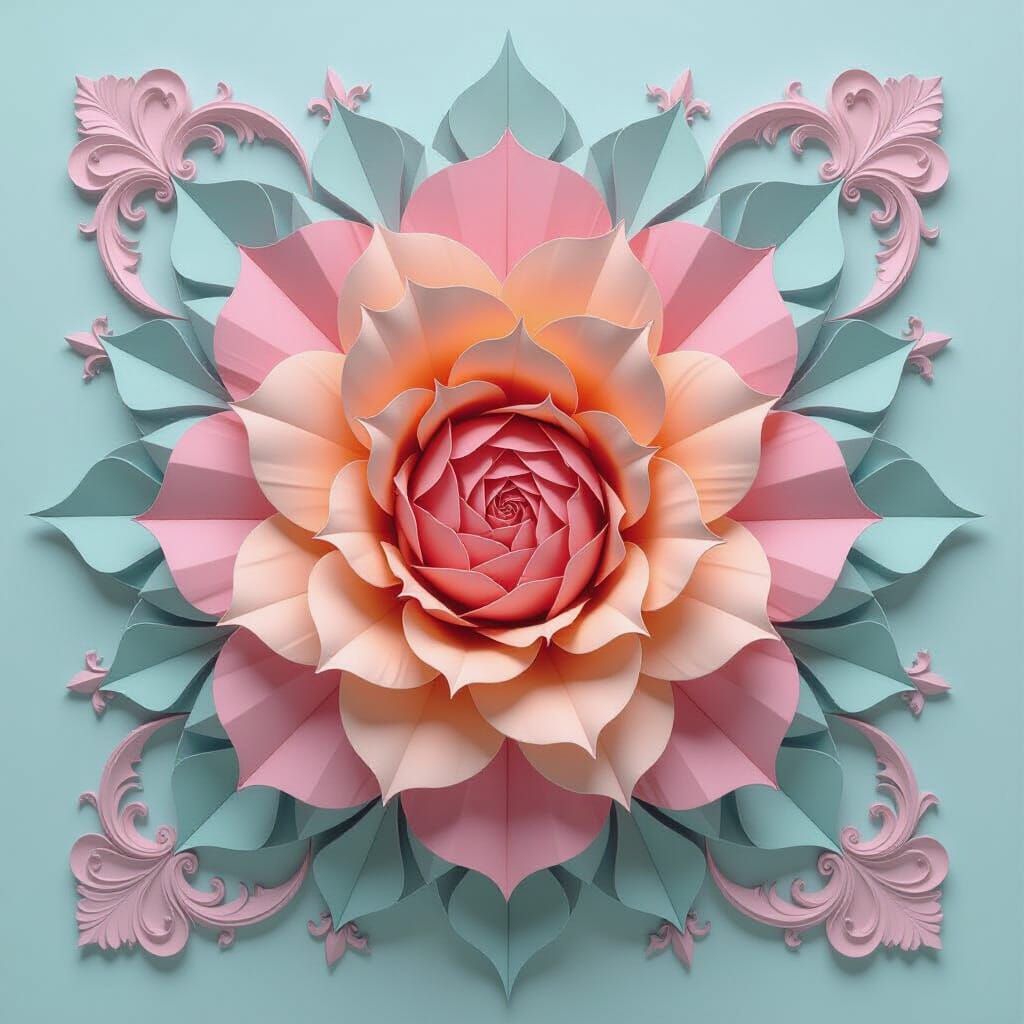 Origami Rose Fractal Art in Baroque Surrealism Style