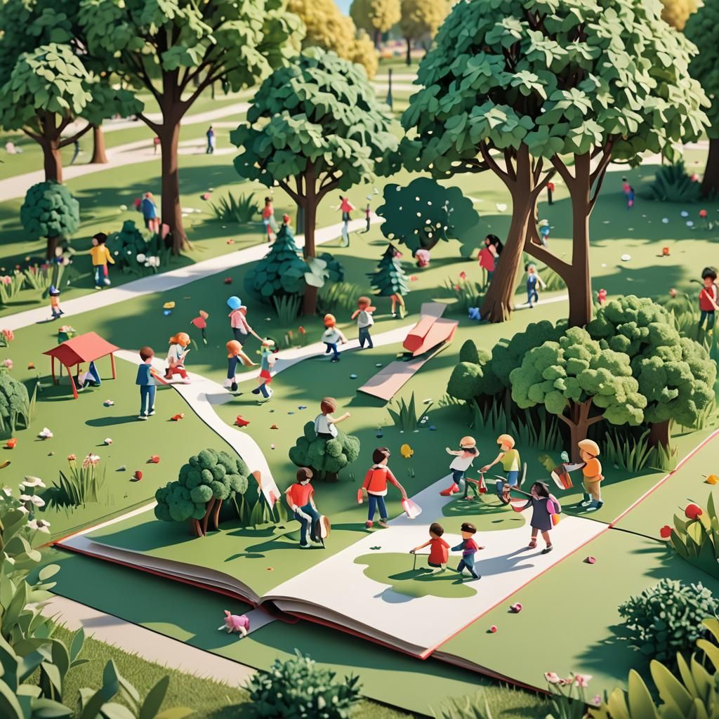 pop-up book illustration children playing in the park 3D pop...