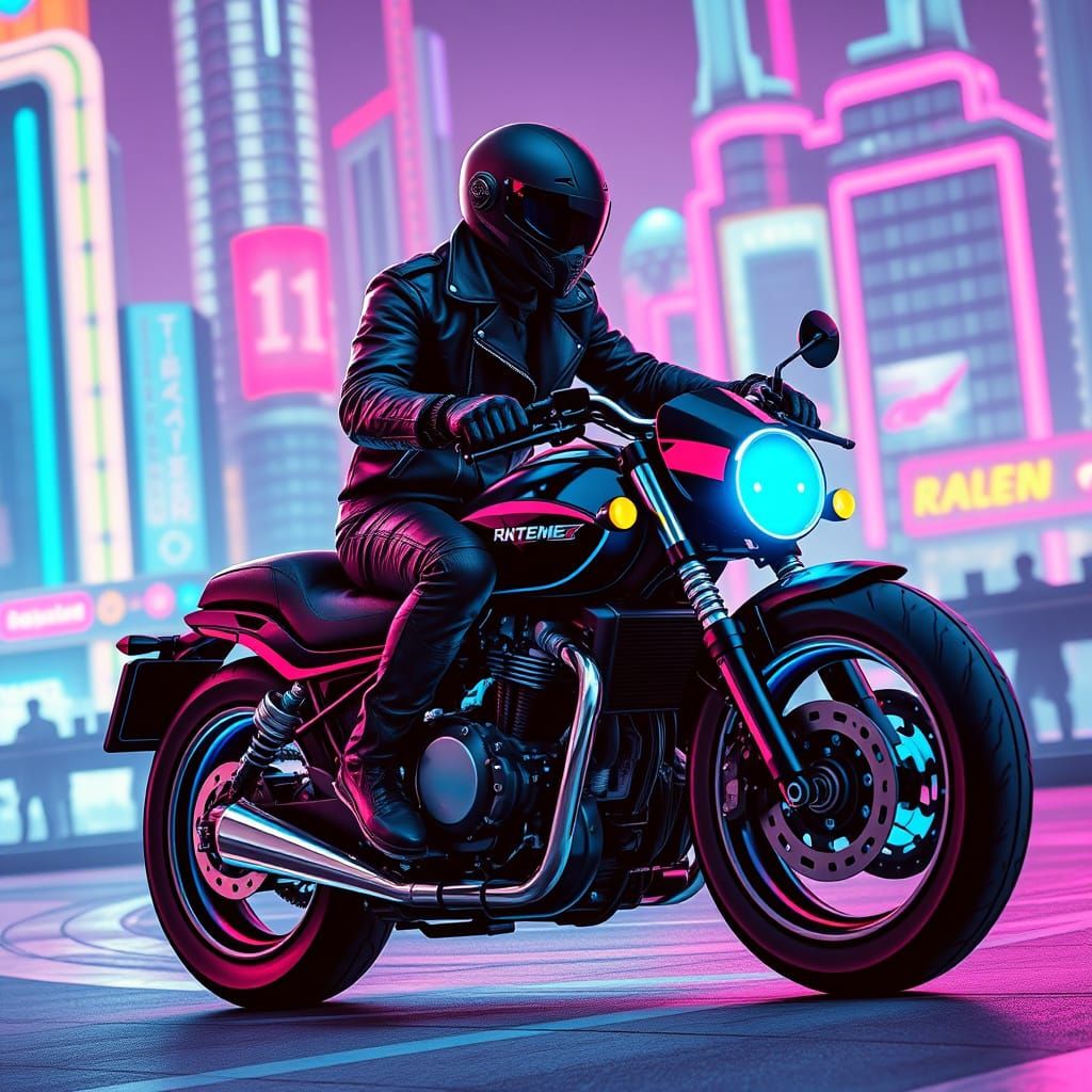 Cyberpunk Alien Biker in Neon Cityscape
