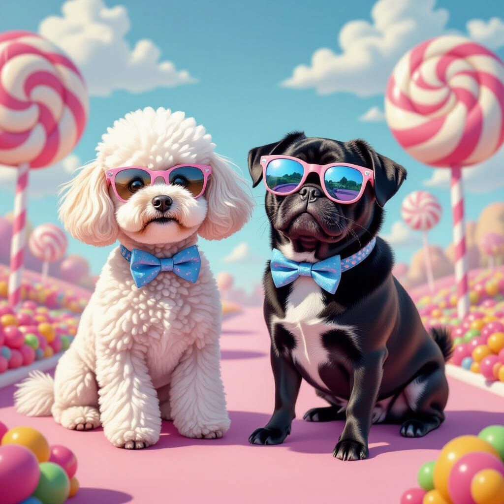 Playful Poodle & Pug Duo in Candy Land