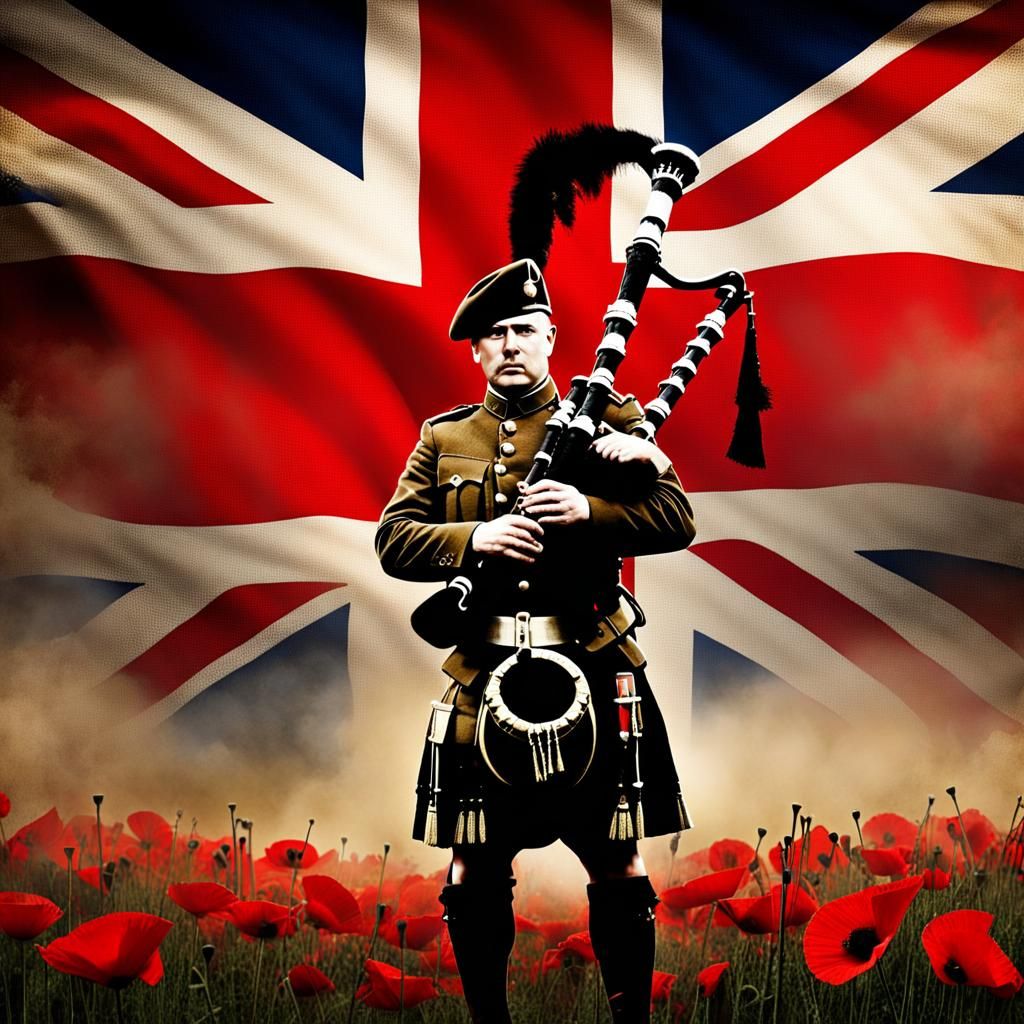 WWI Soldier Playing Bagpipes on the Somme