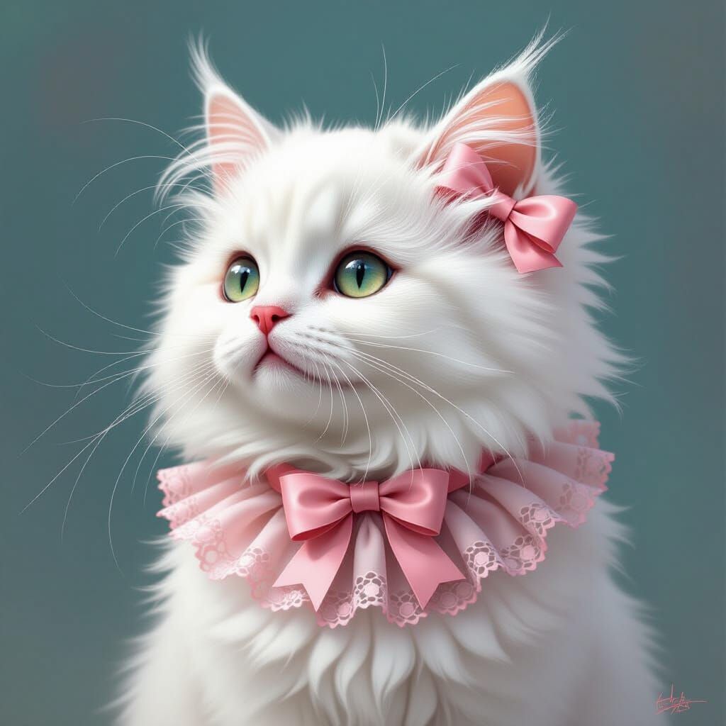 Fluffy White Cat with Pink Lace in Whimsical Style