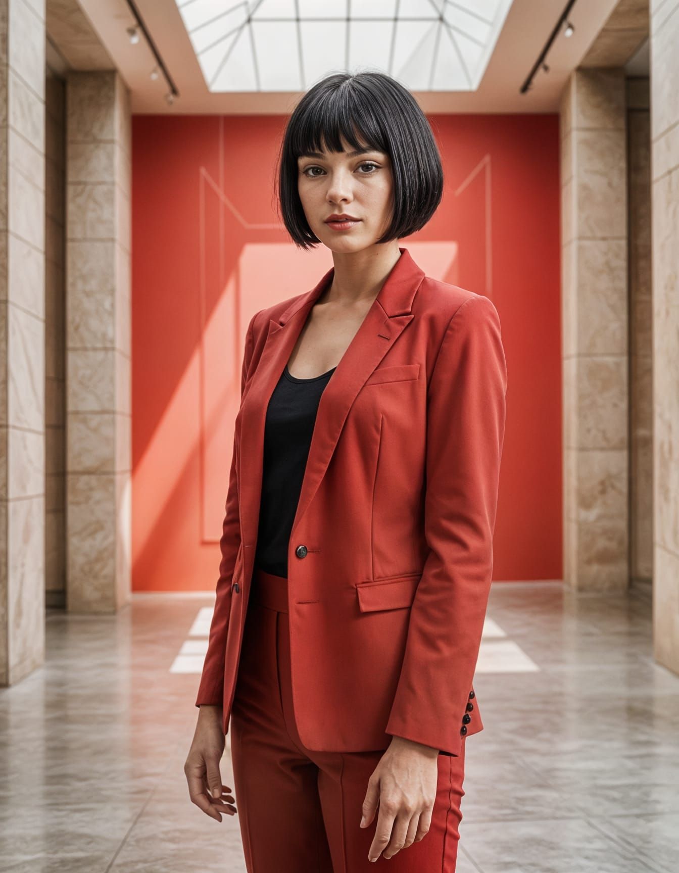 Chic Woman with Bob Hairstyle in Modern Art Museum