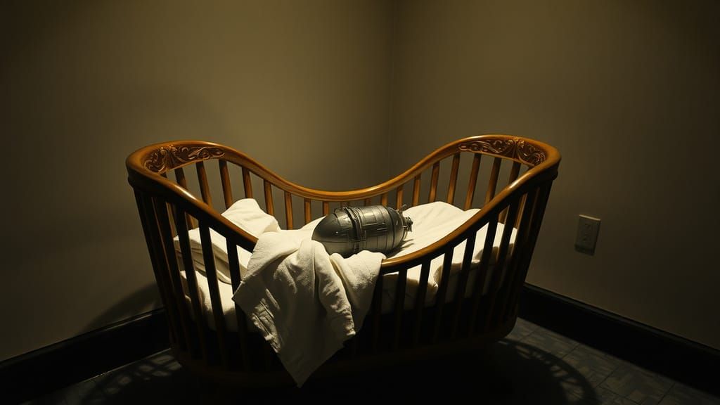 Cinematic Film Still: Nuclear Bomb in a Child's Cradle