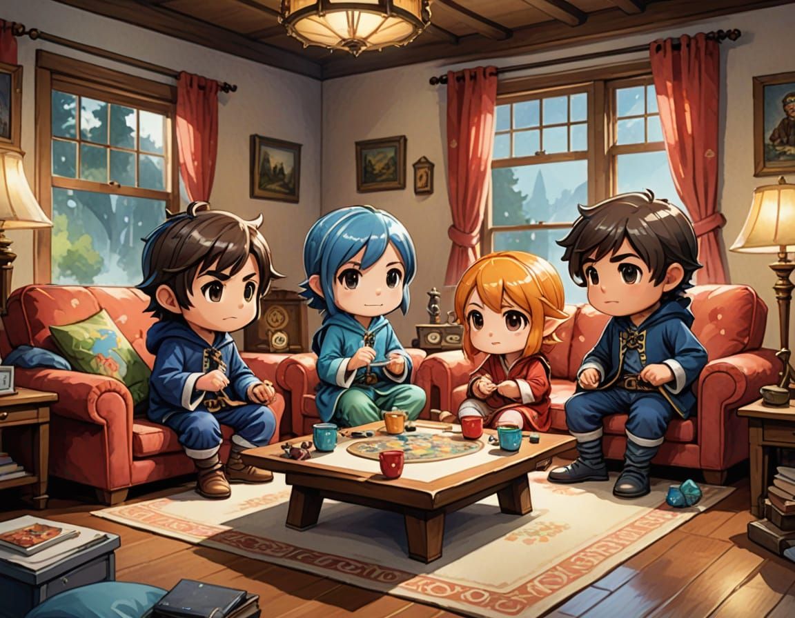 Chibi Friends Play D&D: Watercolor Impasto Illustration