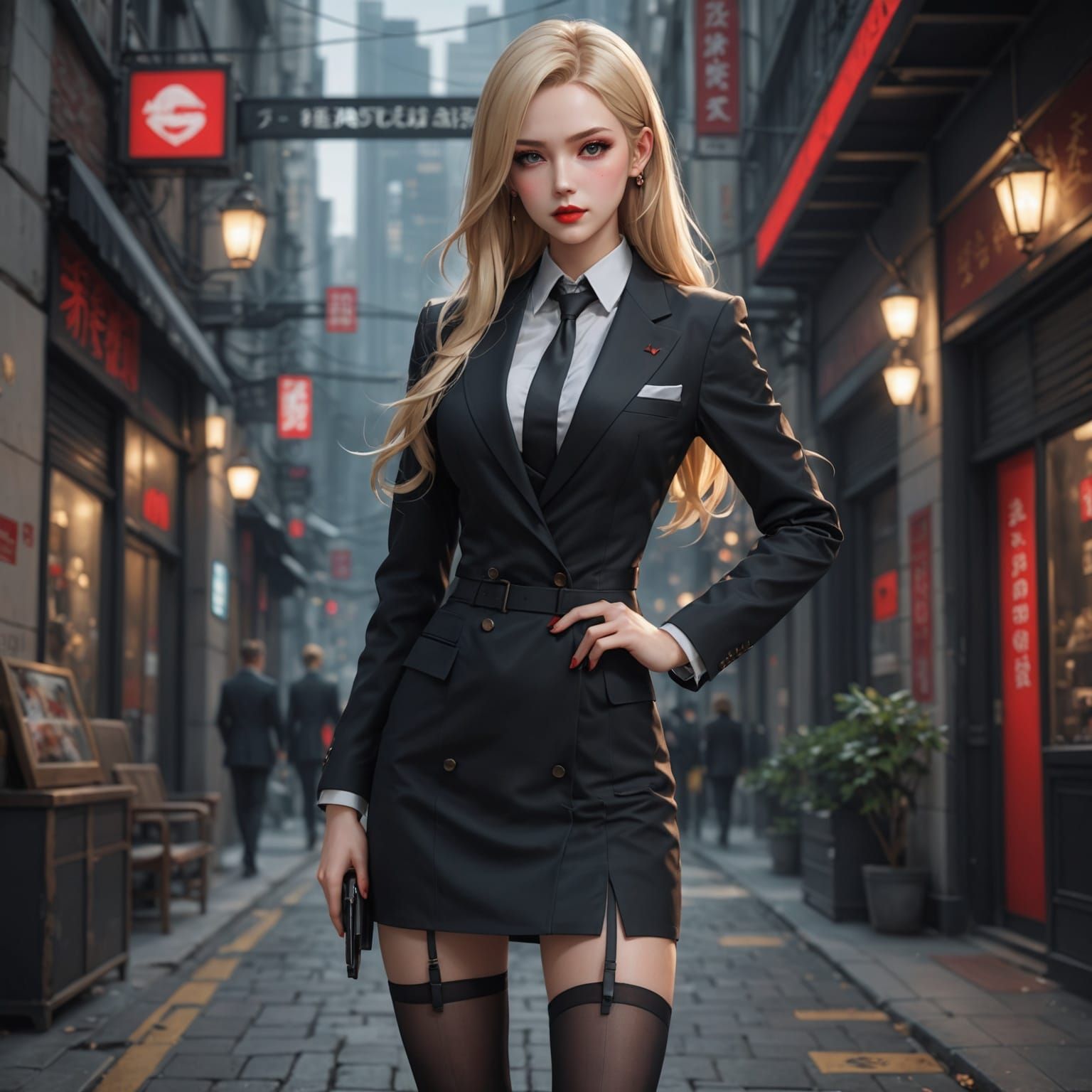 Sultry Cyberpunk Goddess in Elegant Black Attire