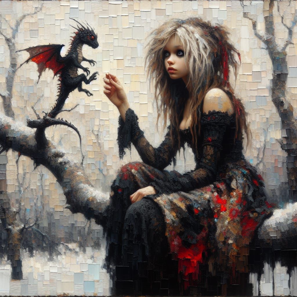 Gothic Woman with Dragon in White Forest Oil Painting