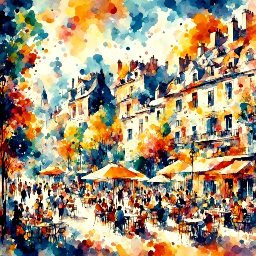 Paris Cafe Terrace in Dadaist Watercolor Style