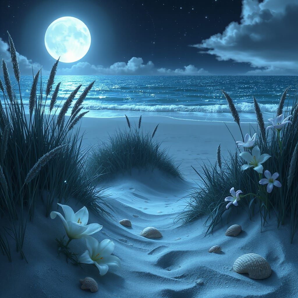 Magical Moonlit Beach Garden with Bioluminescent Waves
