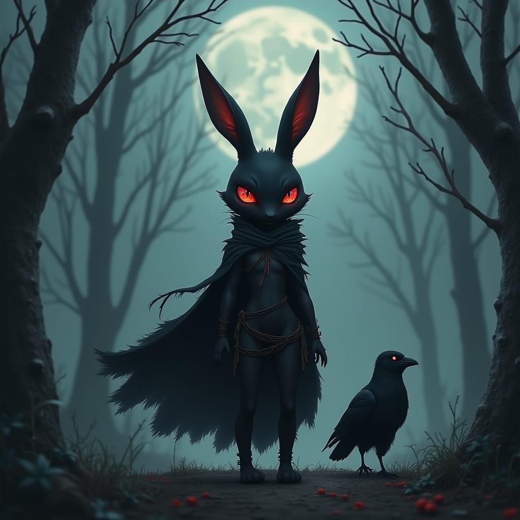 Eerie Black Fur Bunny in Misty Forest