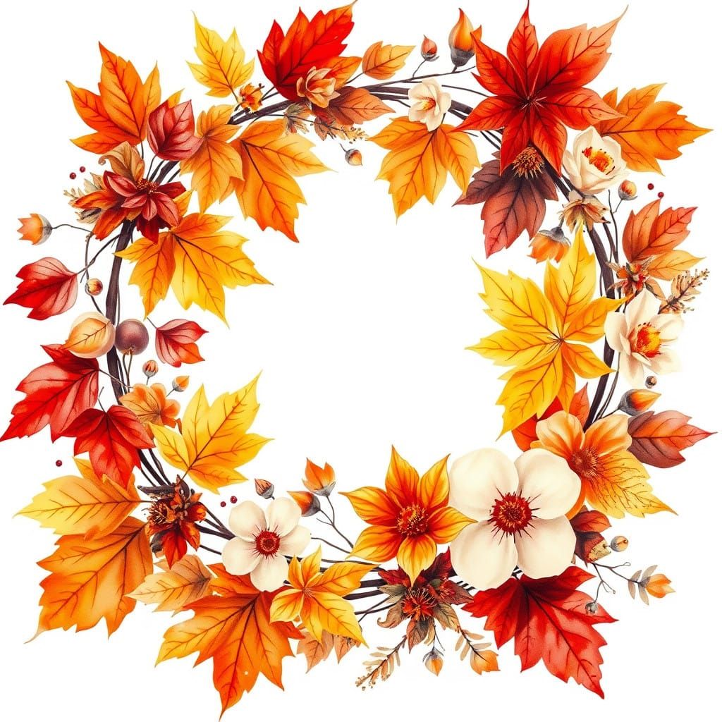 Warm Autumn Wreath in Earthy Watercolor Academic Style