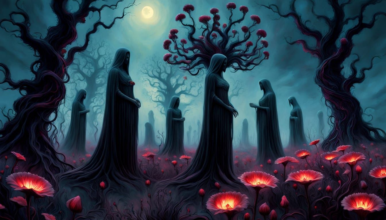 Gothic Ghosts Amidst Crimson Bloom in Haunting Oil Painting ...