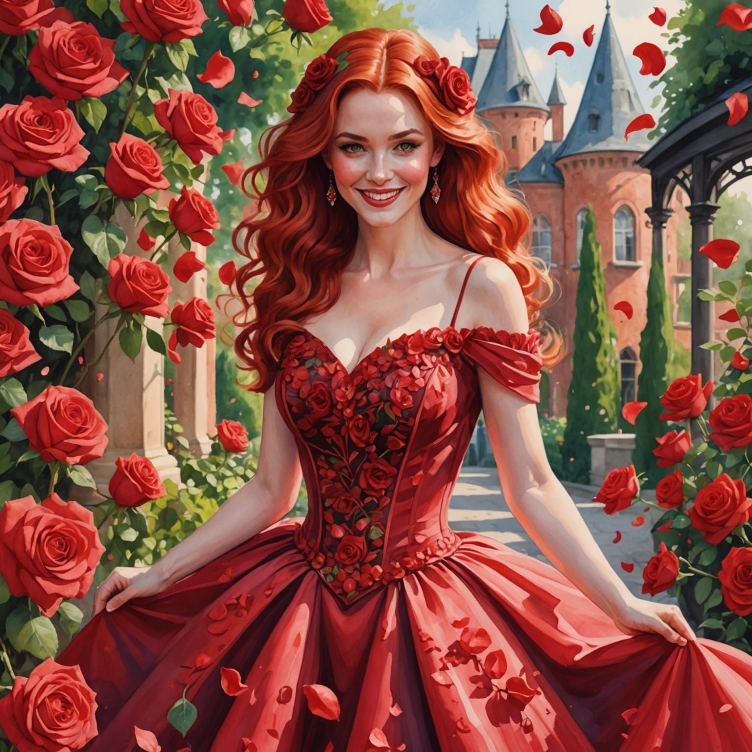 Red-Haired Woman in Red Rose Garden, Watercolor Style