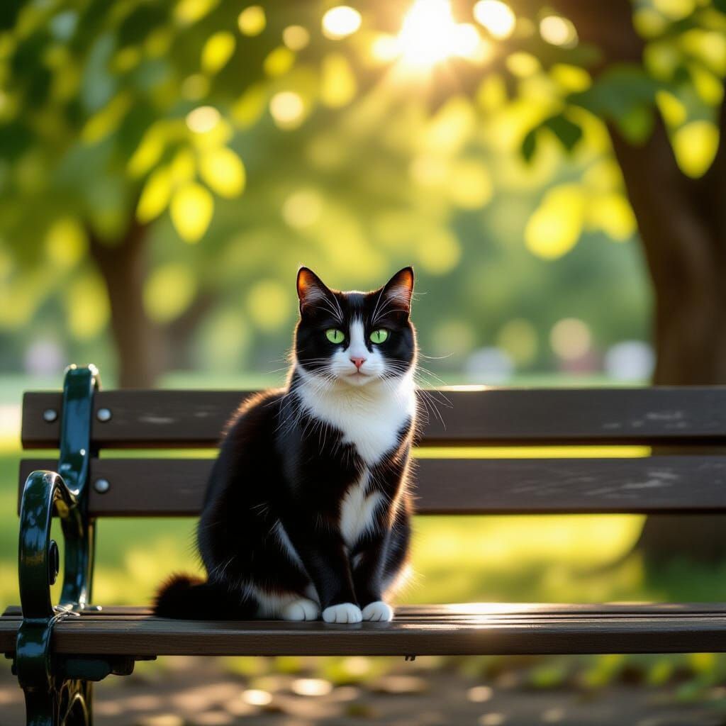 Black and White Cat on Park Bench with Boho Lighting