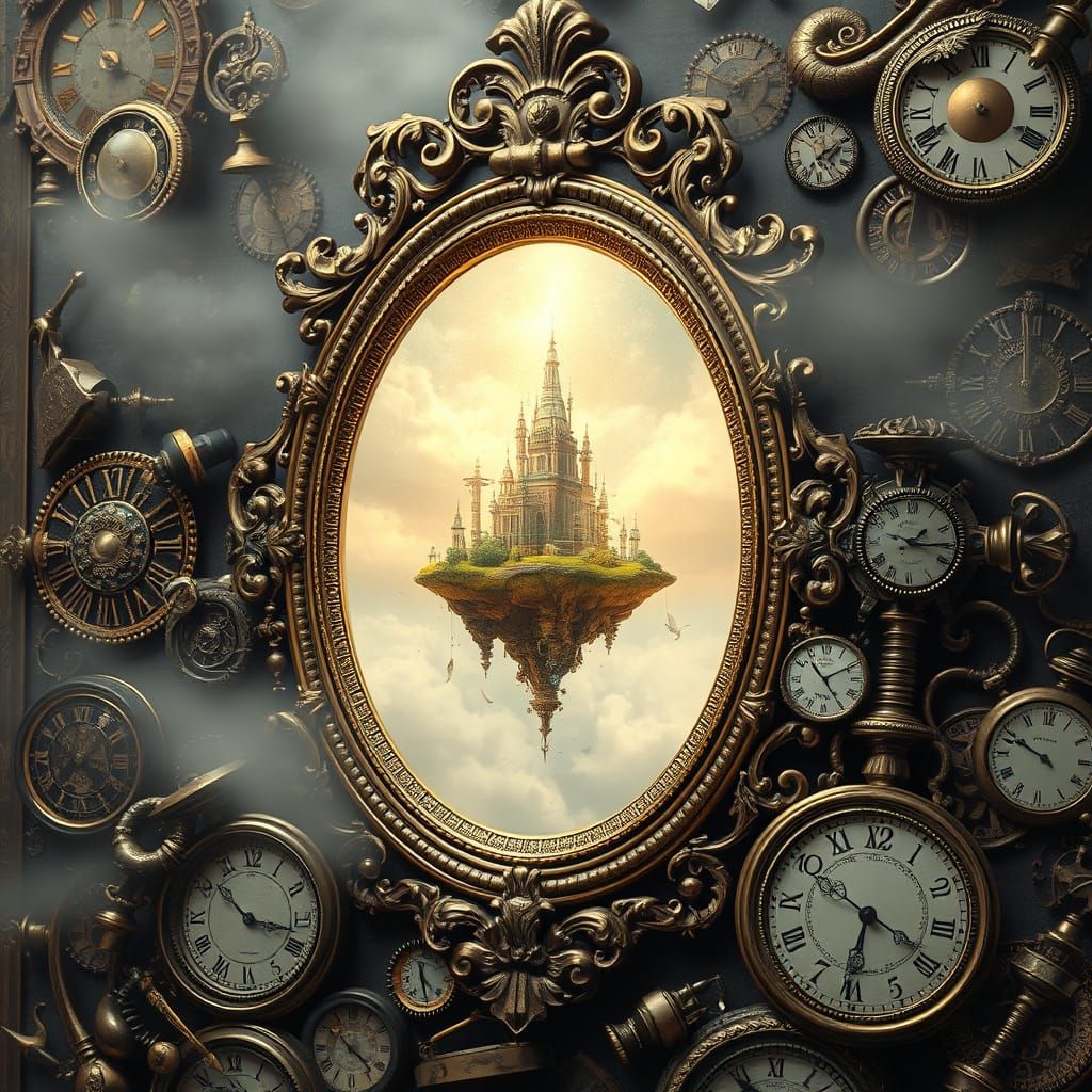 Baroque Mirror Reveals Steampunk Clockwork Island