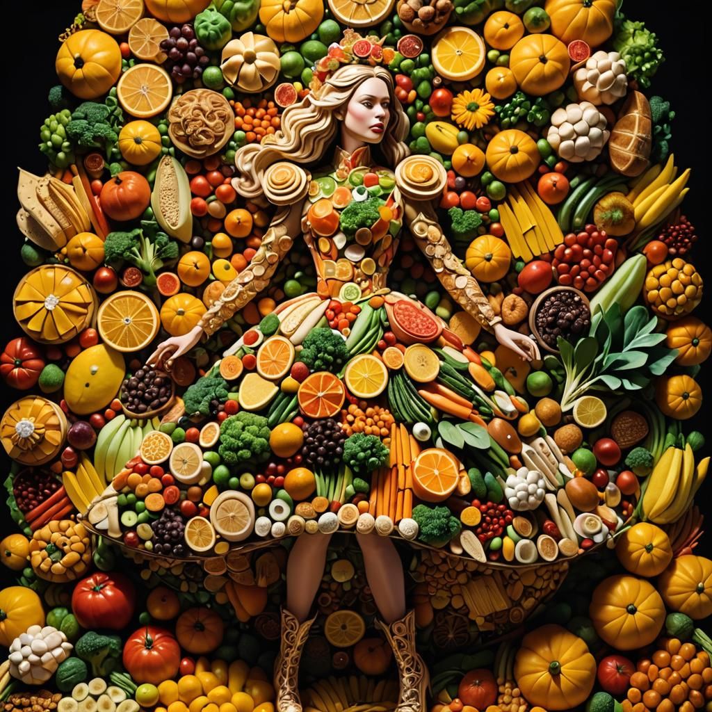 Food-Themed World: Dress is made of 🥕 🍅 🫑 🍊 🥦