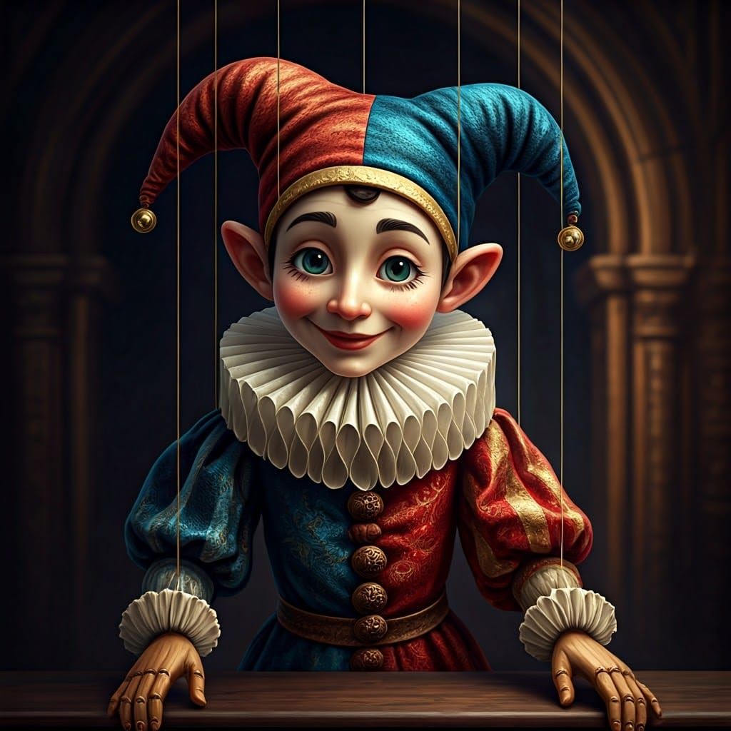 Renaissance-Inspired Jester Marionette in Whimsical Hyperrea...