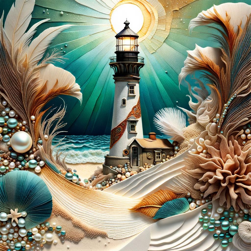 Surreal Beach Lighthouse in Mixed Media