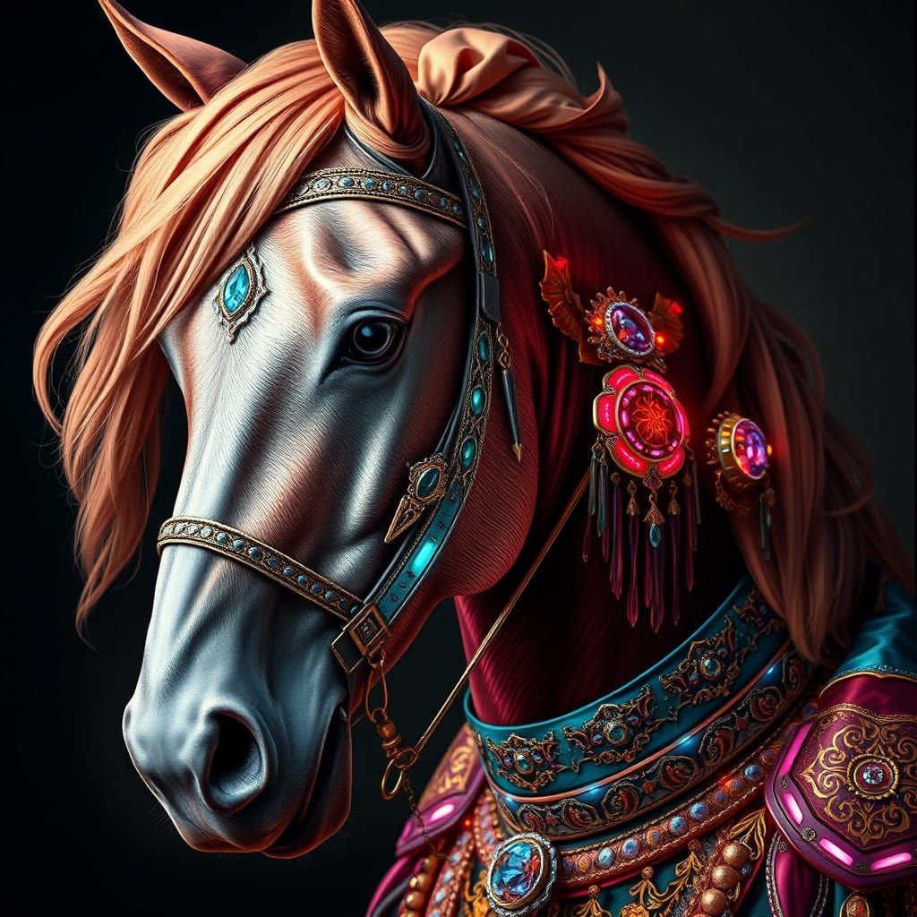 Ethereal Horse in Cyberpunk Regalia