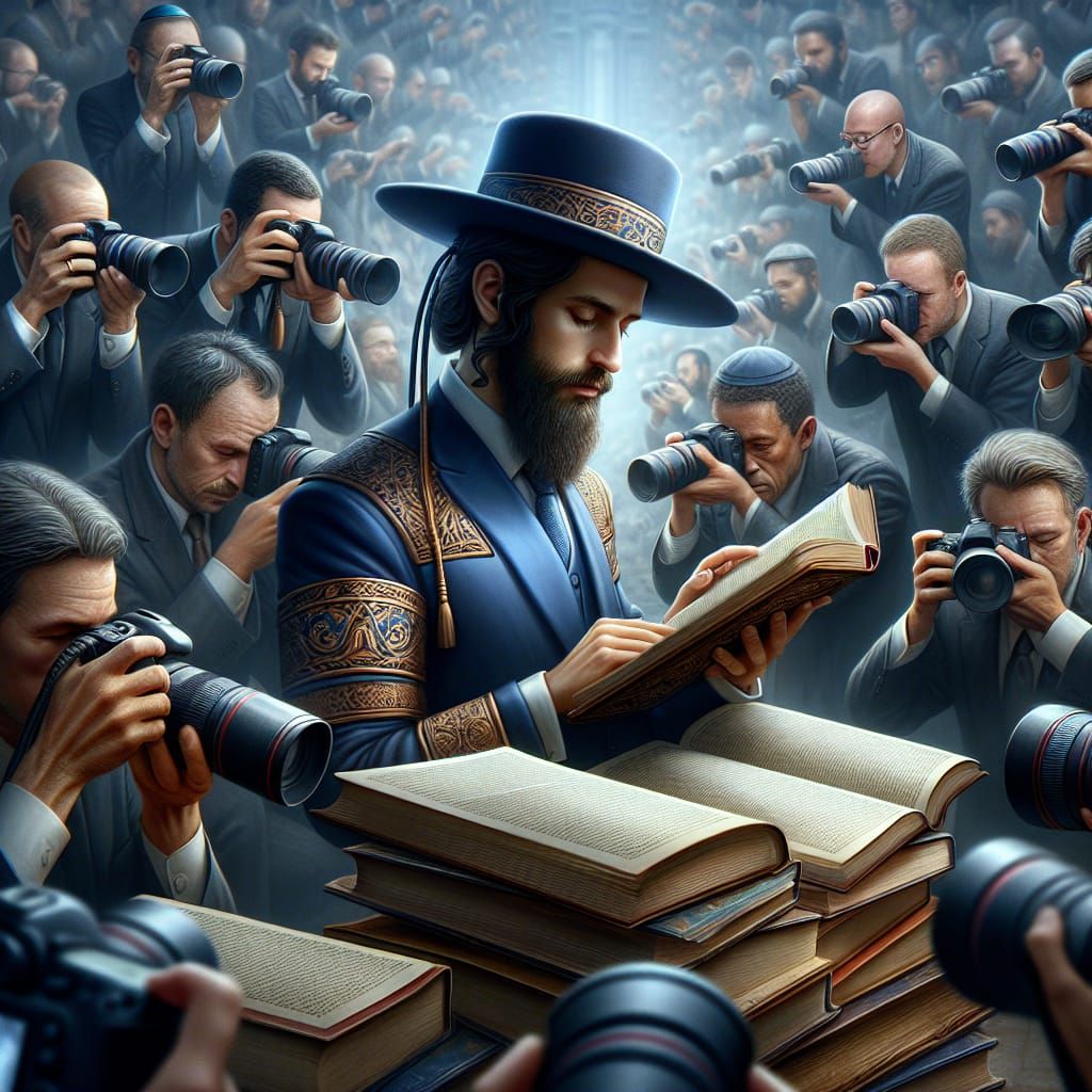 Rabbi Studying Surrounded by Photographers: Matte Painting