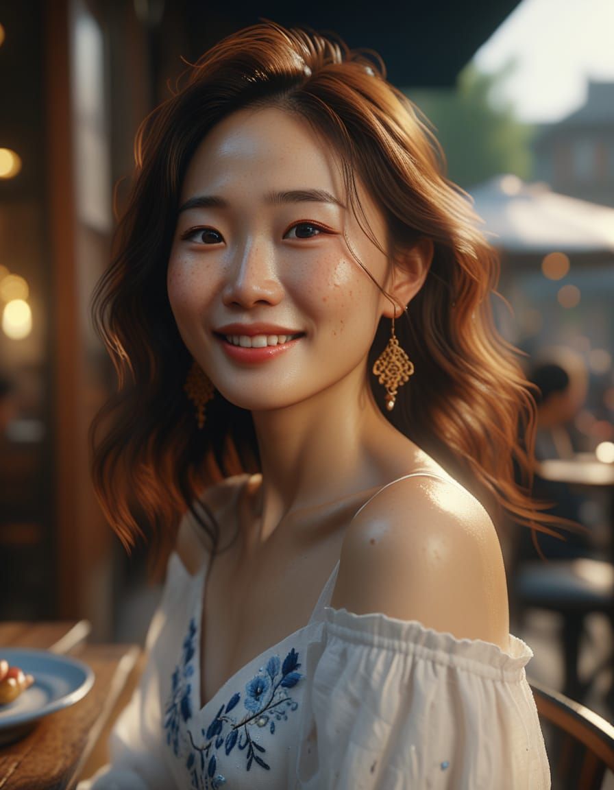 Korean Woman Smiles in Romantic Realism Portrait