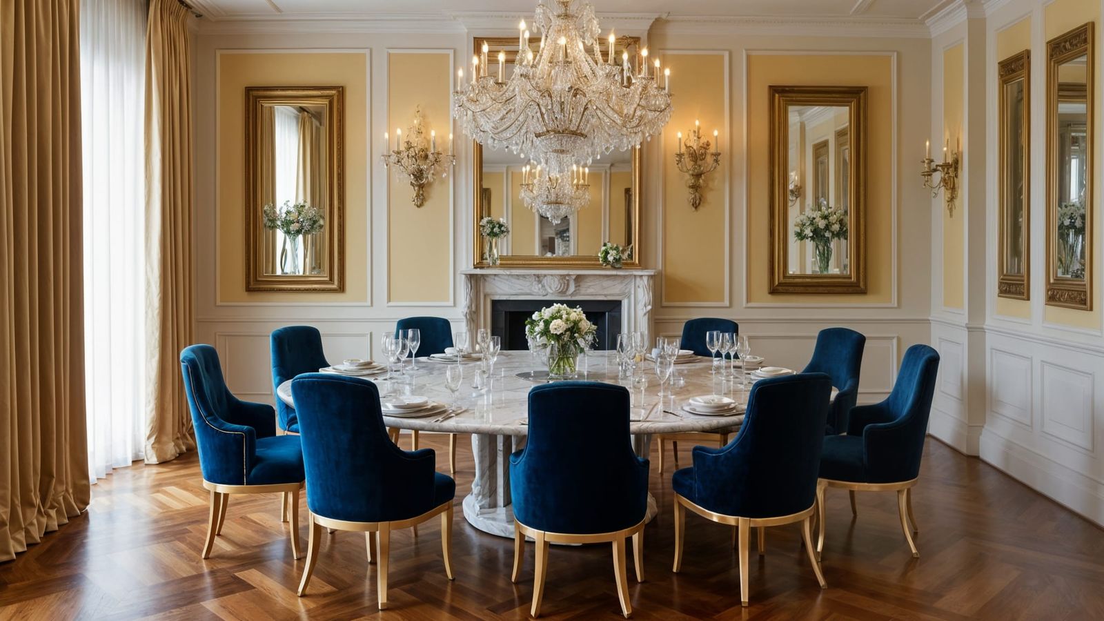Glamorous Dining Room with Marble Table and Crystal Chandeli...