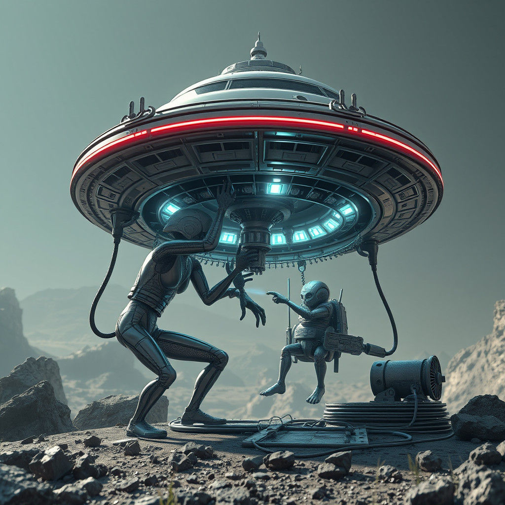 Alien Mechanics Repairing Flying Saucer in Anime Style