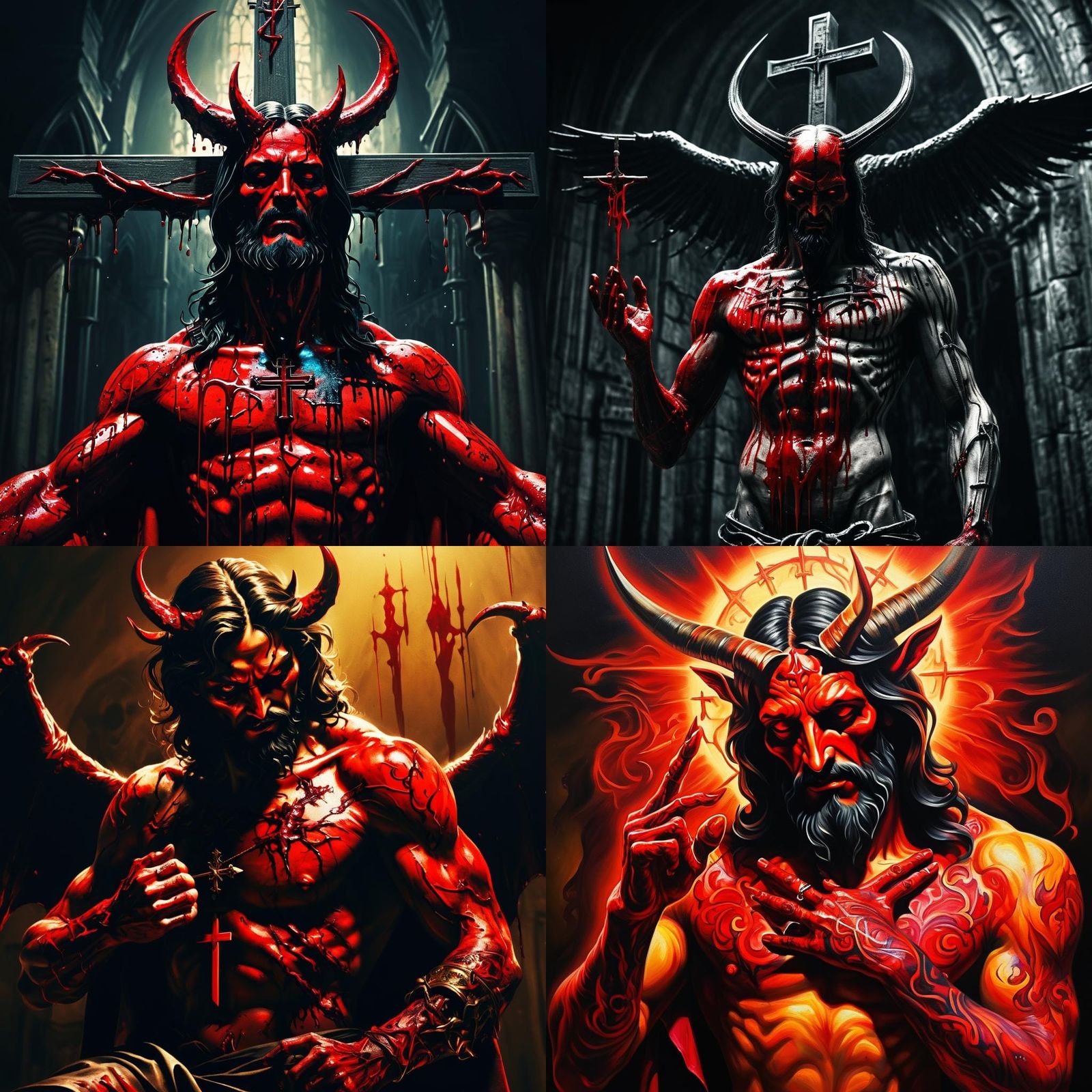 the devil tattooing jesus christ with red ink on the cross