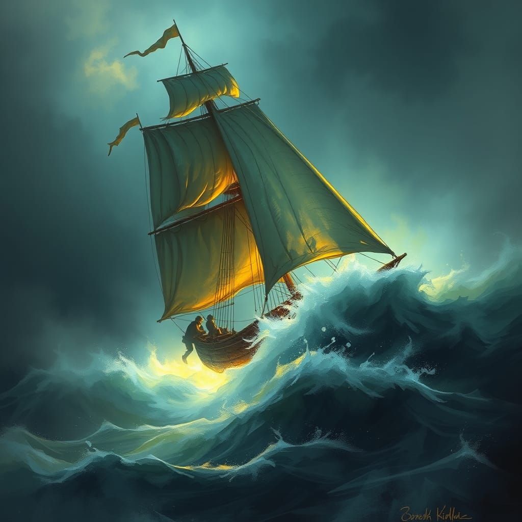 Sailboat in Stormy Sea with Fluorescent Light