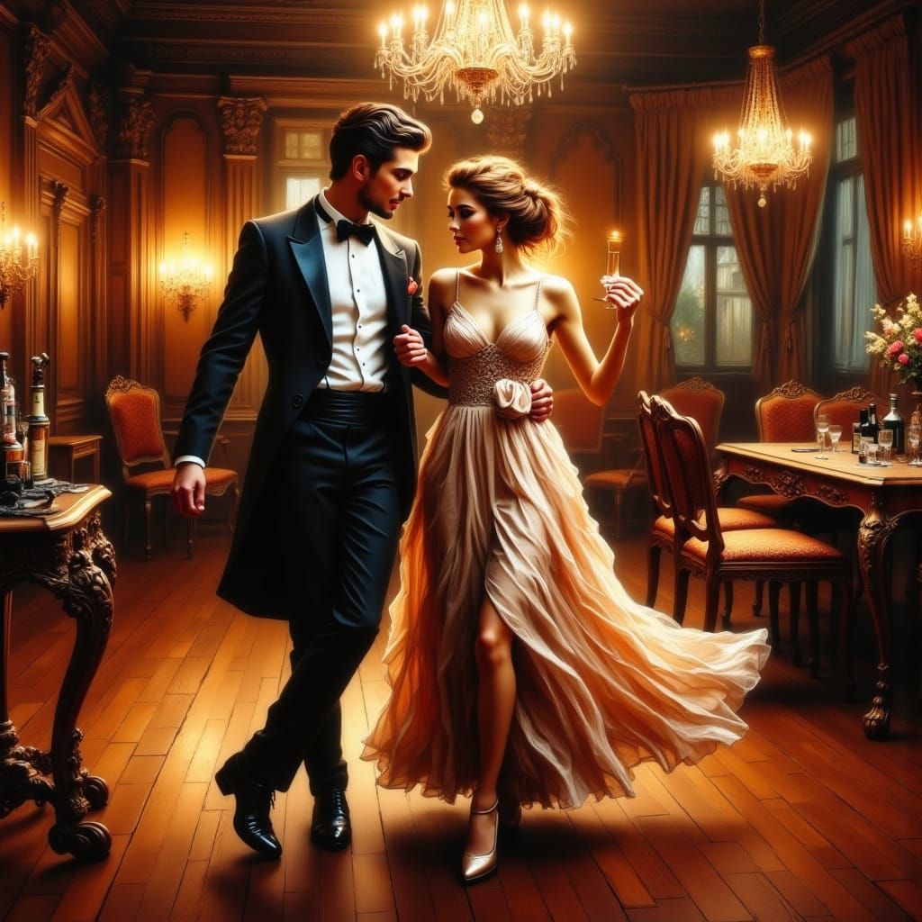 Elegant Couple Dancing Waltz in Grand Ballroom