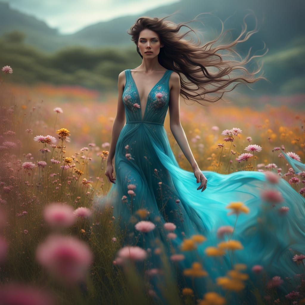 Brunette in Floral Field: Hyperrealistic Matte Painting